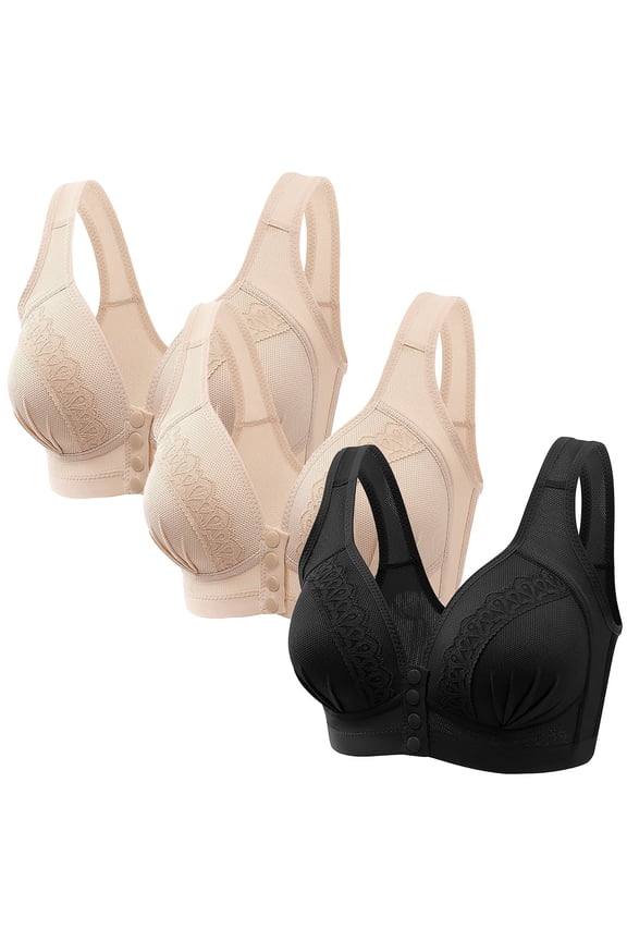 Women's 3Pc Plus Size Everyday Bra Wireless Ruched Lace Breathable Push Up Underwear Front Closure Smoothing Comfort Bra Black XL