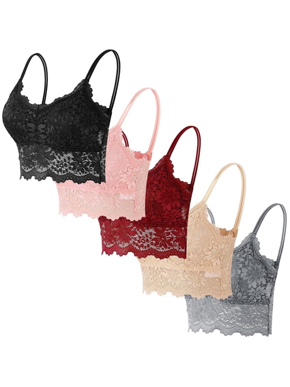 Women's 5 Pack Lace Wireless Bralette Push Up Cami Bras Everyday Comfy Camisole Underwear (Black,XL)