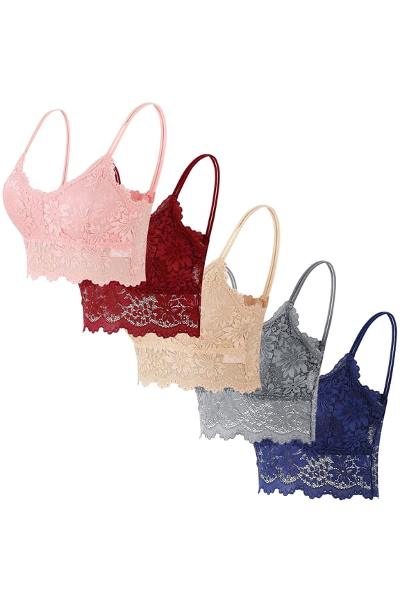 Women's 5 Pack Lace Wireless Bralette Push Up Cami Bras Everyday Comfy Camisole Underwear (Pink,M)