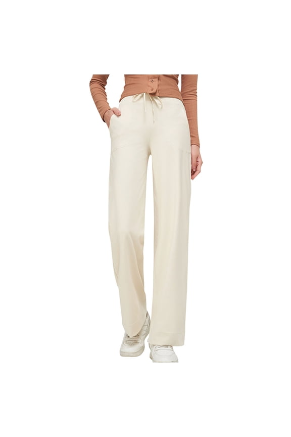 Women's Activewear Flared Pants Pockets Fashion Sweatpants Casual Work Track Pants Relaxed Sports Yoga High Waist Drawstring Straight Leg Trousers Beige XL
