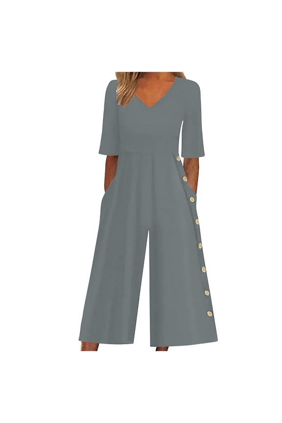 Women's Activewear Jumpsuits Pants Wide Leg Fashion V Neck Short Sleeve Relaxed Button Rompers Casual Work Track Pants High Waist Overalls Trousers Gray XXL
