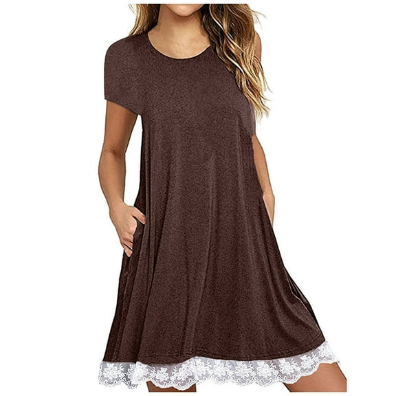 ATOYSOY Women's Beach Sundress Lace Splicing Mini Loose Dress Retro Elegant Casual Relaxed Short Sleeve Round Neck Trendy Workout Dress for Girls Brown XXXXL