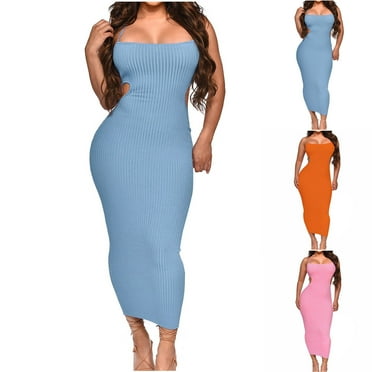 ATOYSOY Women's Beach Sundress Ribbed Midi Bodycon Dress Cutout Elegant Casual Spaghetti Strap Retro Sleeveless Trendy Summer Saving Hanging Neck Workout Dress for Girls Pink
