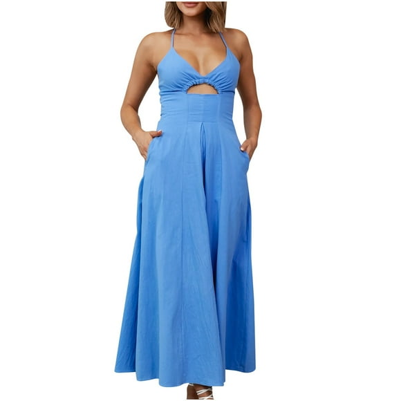 ATOYSOY Women's Beach Sundress Sleeveless V Neck Elegant Casual Spaghetti Strap Cutout Tea Length A Line Split Dress High Waist Retro Workout Dress for Girls Blue
