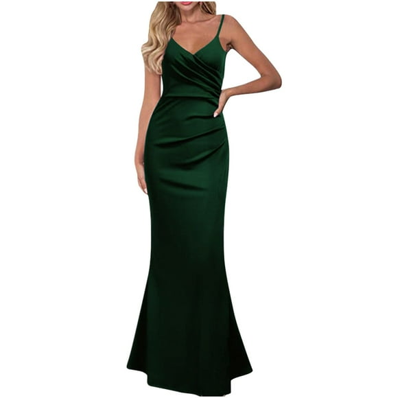 ATOYSOY Women's Beach Sundress Sleeveless V Neck Flowy Spaghetti Strap Elegant Cocktail Party Maxi Dress High Waist Trendy Retro Workout Dress for Girls Green