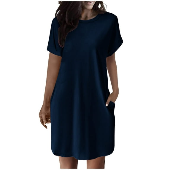 ATOYSOY Women's Beach Sundress Solid Color Mini Loose Dress Sleepwear Retro Round Neck Casual Relaxed Nightdress Short Sleeve Trendy Workout Dress for Girls Blue S
