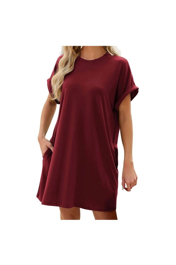 Women's Beach Sundress Solid Color Short Sleeve Casual Relaxed Nightdress Trendy Mini Loose Dress Sleepwear Round Neck Retro Workout Dress for Girls Red M