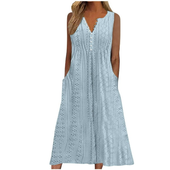 ATOYSOY Women's Beach Sundress Solid Color Sleeveless Button Tea Length A Line Dress Trendy Summer Saving Retro V Neck Pockets Elegant Casual Eyelet Dress for Girls Light Blue XL
