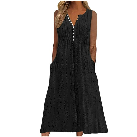 ATOYSOY Women's Beach Sundress Solid Color Sleeveless Button V Neck Pockets Tea Length A Line Dress Retro Elegant Casual Eyelet Trendy Summer Saving Dress for Girls Black M
