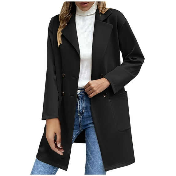 ATOYSOY Women's Business Attire Casual Double Breasted Button Midi Blazer Suit with Pockets Versatile Long Sleeve Cardigan Solid Work Coat Trendy Lapel Open Front Jacket Black M