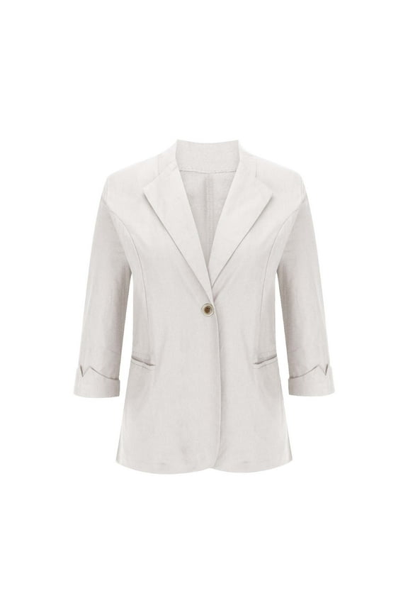 Women's Business Attire Casual Lined Plus Size Blazer Suit with Pockets Versatile Solid Work Coat 3/4 Sleeve Button Front Cardigan Lapel Open Front Jacket Trendy Beige L