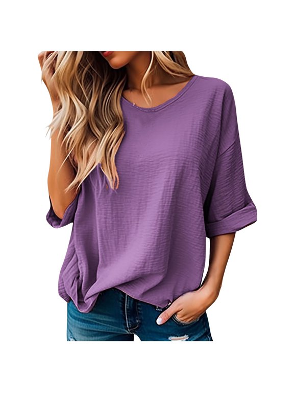 Women's Business Tees Loose Dressy Tunic Shirts 3/4 Sleeve Tops Cute Fashion Clothes Round Neck Blouses Summer Holiday Solid Color Pullovers Casual Purple XXL