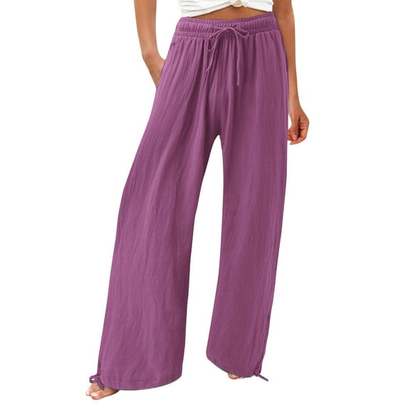 ATOYSOY Women's Button Sports Athletic Casual Wide Leg Pants Elastic Waist Drawstrig Trendy Workout Loose Trousers Solid Color Lounge Pants Summer Purple XXL