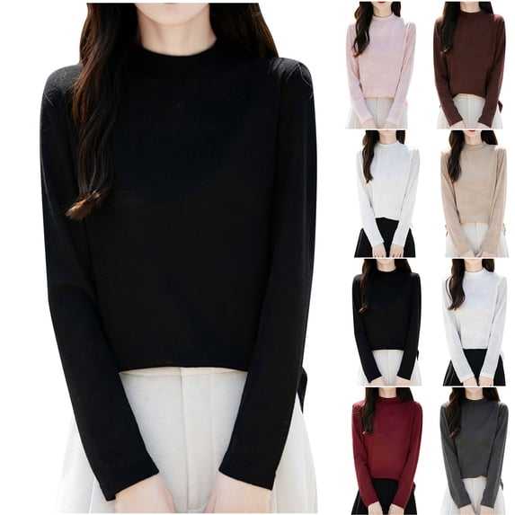 ATOYSOY Women's Casual Blouse Fleece Loose Basic Tops Knitted Sweaters Long Sleeve Shirts Winter Crew Neck Sweatshirts Workout Solid Color Pullover Spring Black L