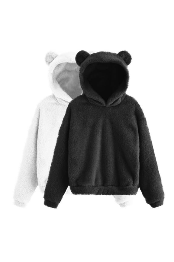 Women's Casual Blouse Fleece Winter Thicken Loose Hoodies Tops 2 Pack Crew Neck Sweatshirts Cute Ear Workout Solid Color Pullover Spring Long Sleeve Shirts Winter S