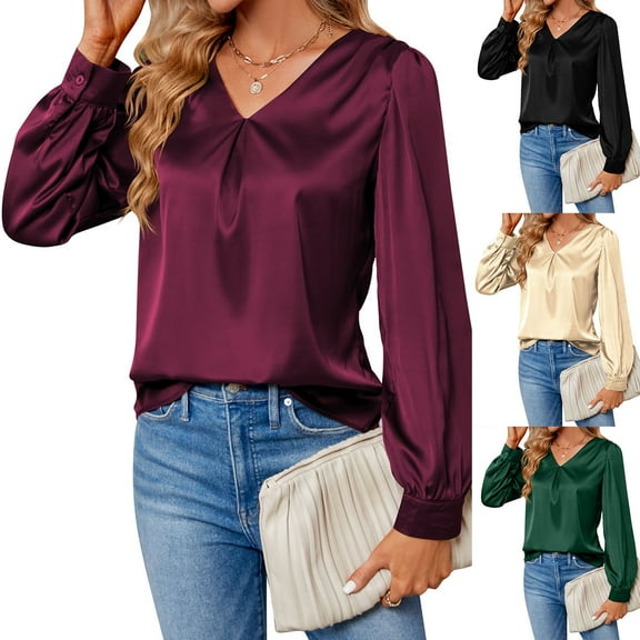 ATOYSOY Women's Casual Blouse Satin Loose Basic Tops Elegant Long Sleeve Shirts Winter Workout Fashion Solid Color Pullover Spring V Neck Button Sweatshirts Green L