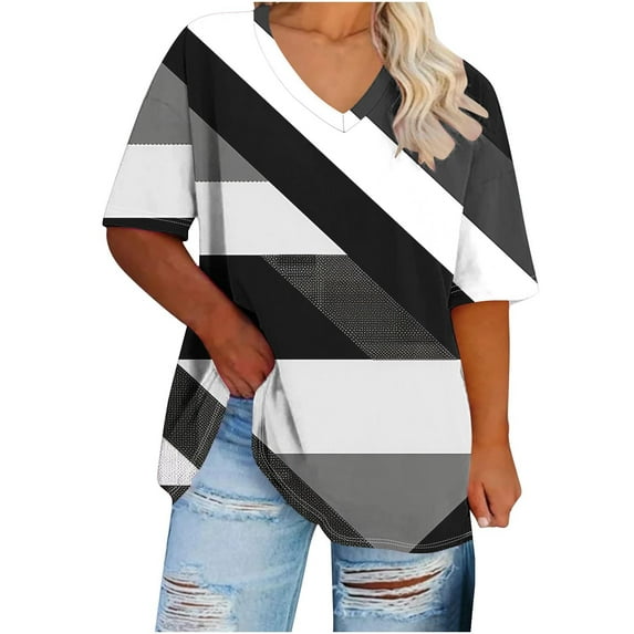 ATOYSOY Women's Casual Comfy Tunic Summer Plus Size Tops Color Block Loose Pullover Dressy Fashion Workout Retro Activewear V Neck Blouses Short Sleeve Tees Black XL