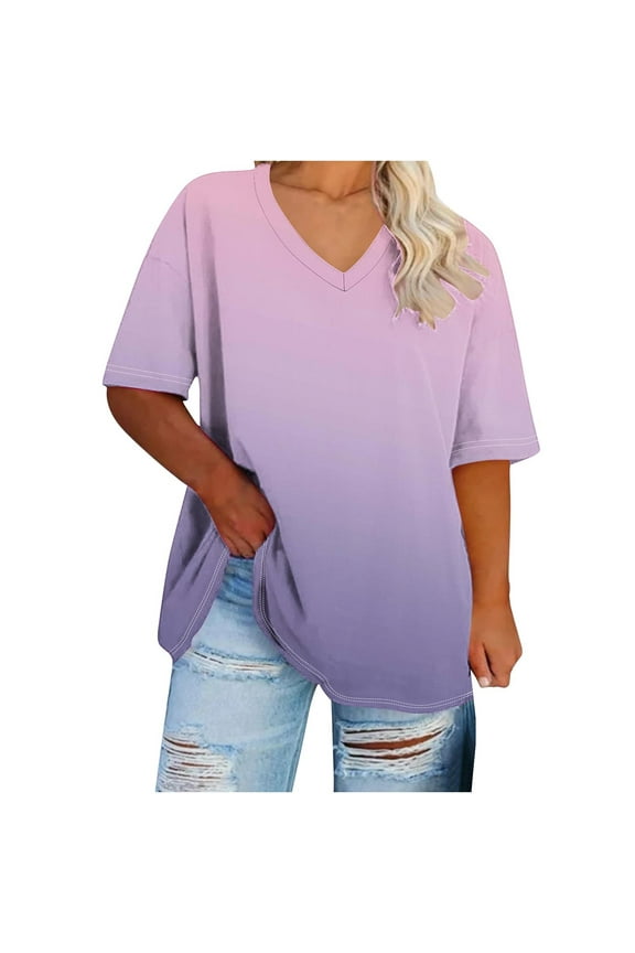 Women's Casual Comfy Tunic Summer Plus Size Tops Gradient Loose Pullover Dressy Fashion Workout Short Sleeve Tees Retro Activewear V Neck Blouses Purple XXXL