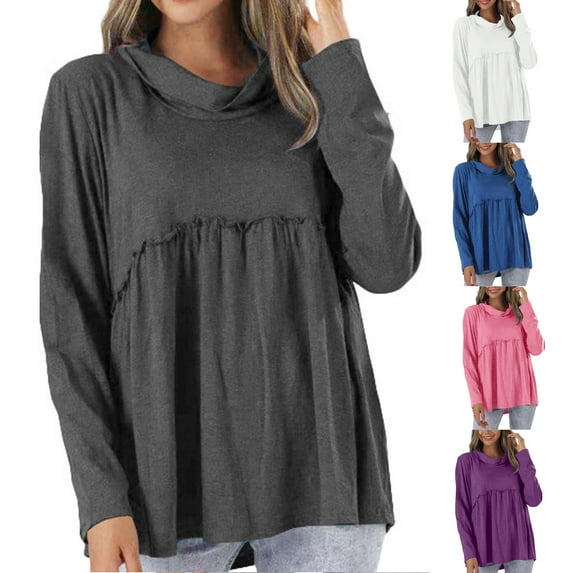 ATOYSOY Women's Casual Cotton Dressy Shirts Loose Babydolls Tops Pleated Pullover Workout Fashion High Neck Sweatshirts Outwear Long Sleeve Tees Fall Winter Blue L