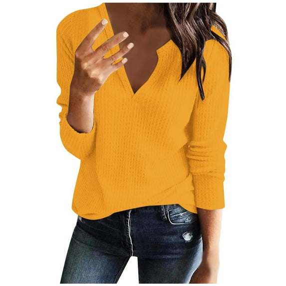 ATOYSOY Women's Casual Cotton Ribbed Shirts Loose Waffle Tops Solid Color Pullover Workout Long Sleeve Tees Fall Winter Fashion V Neck Sweatshirts Outwear Retro Yellow S