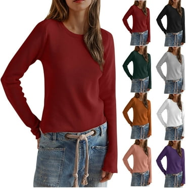 ATOYSOY Women's Casual Cotton Shirts Slim Basic Waffle Tops Clearance Fashion Outwear Solid Color Pullover Crew Neck Sweatshirts Long Sleeve Tees Fall Winter Green L