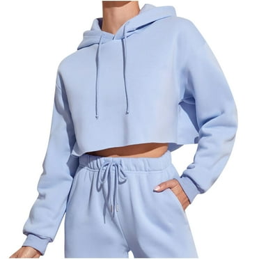 ATOYSOY Women's Casual Cropped Blouse Loose Hoodie Tops Solid Color Pullover Spring Workout Crew Neck Sweatshirts Clearance Fashion Long Sleeve Shirts Winter Blue M