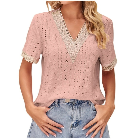 ATOYSOY Women's Casual Elegant Lace Crochet Shirts Loose Eyelet Tops Solid Color Pullovers Summer Short Sleeve Tees Workout V Neck Blouses Activewear Fashion Pink M