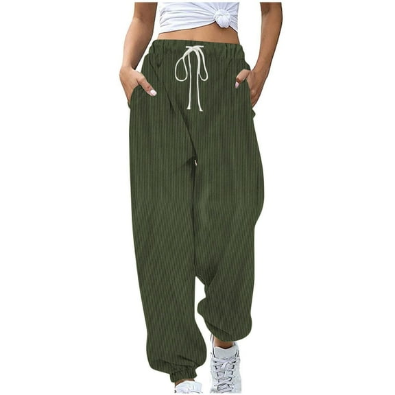 ATOYSOY Women's Casual Fuzzy Cotton Sweatpants Juniors Girls Loose Joggers Corduroy Pants with Pockets High Waist Jog Pants Drawstring Trousers Fashion Full Length Pants Green XL