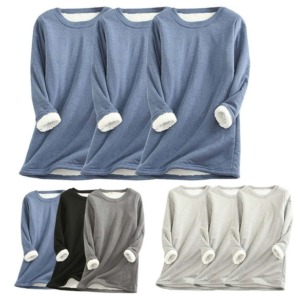 ATOYSOY Women's Casual Fuzzy Shirts 3 Pack Plus Size Fleece Basic Tops Long Sleeve Thicken Tees Fall Winter Warm Solid Color Pullover Crew Neck Sweatshirts Outwear Blue L