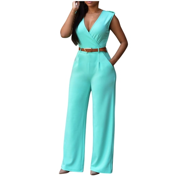ATOYSOY Women's Casual Jumpsuits Wide Leg Pants Pockets Retro Activewear Rompers Workout Loose Trousers Solid Color Trendy Pants Summer High Waist Sleeveless V Neck Blue S