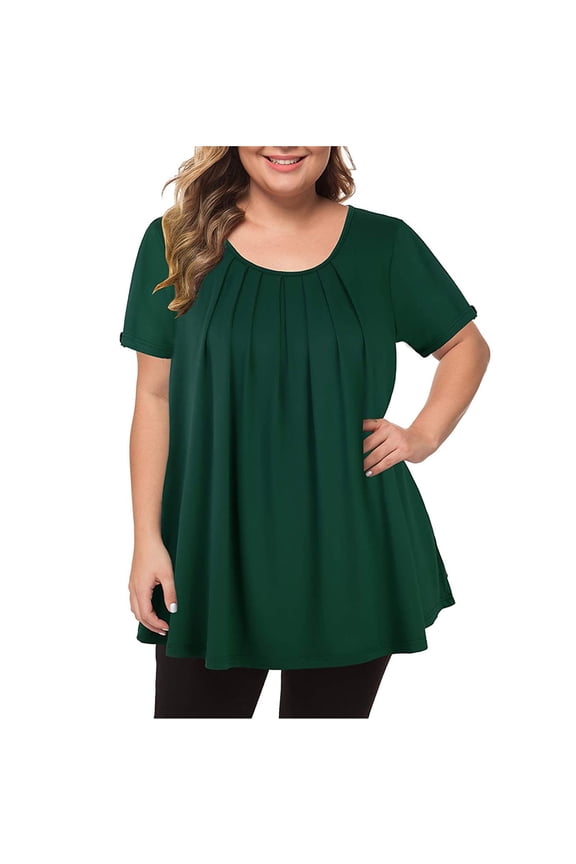 Women's Casual Pleated Chiffon Tunic Summer Plus Size Tops Short Sleeve Basic Tees Loose Pullover Dressy Fashion Workout Scoop Neck Blouse Activewear Green L