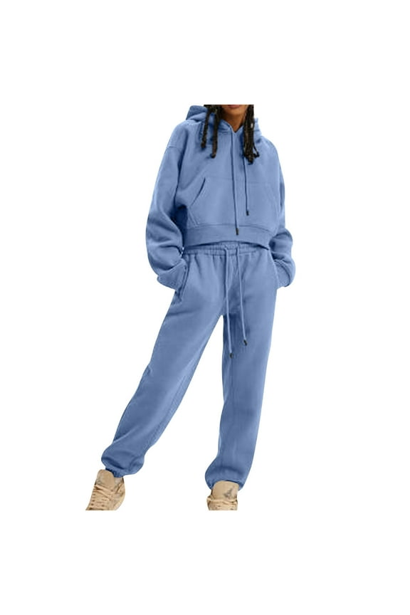Women's Casual Pockets Tracksuits Sweatshirts Cargo Joggers Trendy Crew Neck Lounge Sets Fall Sweatsuits Two Piece Hoodie Outfits Activewear Blue XL