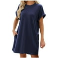 thumbnail image 1 of ATOYSOY Women's Casual Relaxed Nightdress Mini Loose Dress Sleepwear Solid Color Retro Trendy Beach Sundress Short Sleeve Round Neck Workout Dress for Girls Blue XL, 1 of 5