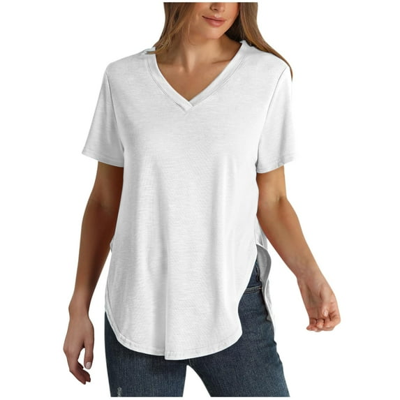 ATOYSOY Women's Casual Relaxed Shirts Loose Cotton Lined Tops Fashion Workout Short Sleeve Basic Tees Solid Color Pullovers Summer V Neck Blouses Activewear Clearance White M