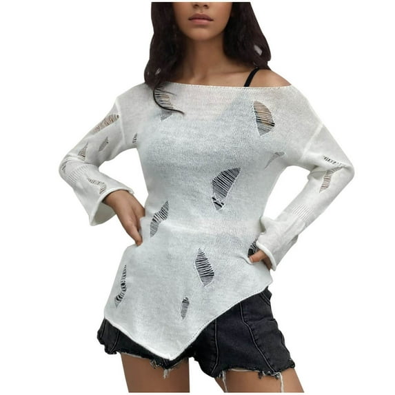 ATOYSOY Women's Casual Shirts Irregular Hem Loose Ripped Tops Knitted Sweaters Pullover Crew Neck Sweatshirts Hollow Out Outwear Fashion Long Sleeve Tees Fall Winter White XL