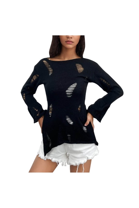 Women's Casual Shirts Irregular Hem Loose Ripped Tops Knitted Sweaters Pullover Crew Neck Sweatshirts Hollow Out Outwear Long Sleeve Tees Fall Winter Fashion Black M