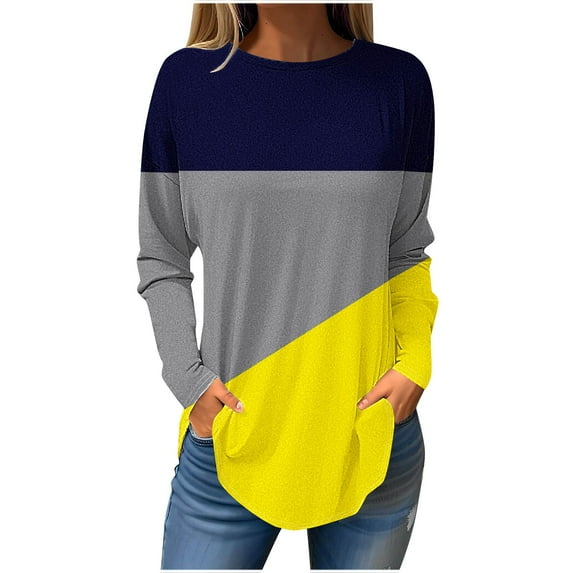 ATOYSOY Women's Casual Shirts Loose Dressy Tops Crew Neck Sweatshirts Outwear Color Block Pullover Workout Retro Fashion Long Sleeve Tees Fall Winter Yellow XL