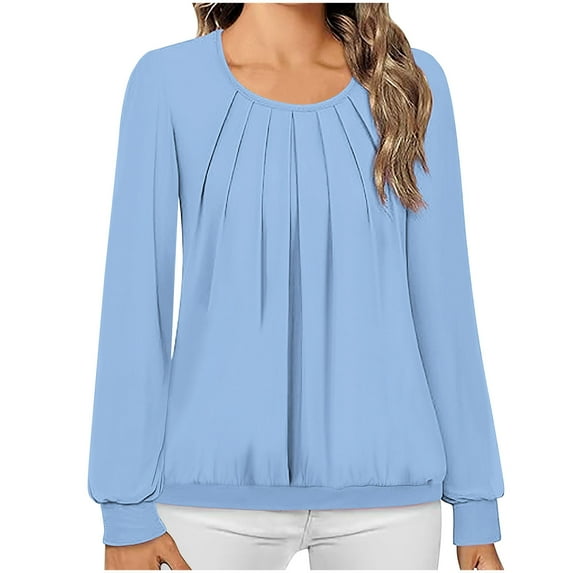 ATOYSOY Women's Casual Shirts Loose Dressy Tops Solid Color Pleated Pullover Workout Retro Fashion Long Sleeve Tees Fall Winter Round Neck Sweatshirts Outwear Blue L