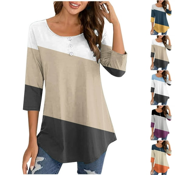 ATOYSOY Women's Casual Shirts Loose Dressy Tops Solid Color Pullover Workout Fashion Retro 3/4 Sleeve Tees Fall Winter Round Neck Button Sweatshirts Outwear Yellow L