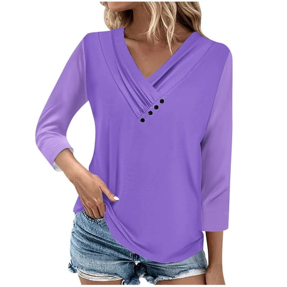 ATOYSOY Women's Casual Shirts Loose Raglan Tops 3/4 Sleeve Tees Fall Winter Solid Color Pleated Pullover V Neck Button Sweatshirts Fashion Outwear Purple M