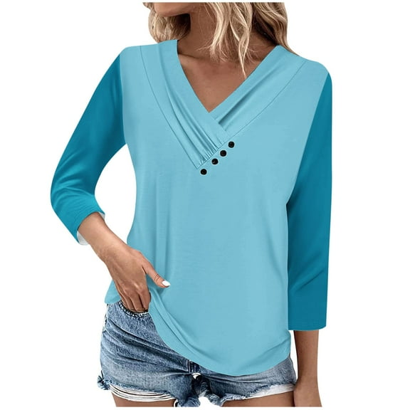 ATOYSOY Women's Casual Shirts Loose Raglan Tops 3/4 Sleeve Tees Fall Winter Solid Color Pleated Pullover V Neck Button Sweatshirts Outwear Fashion Blue S