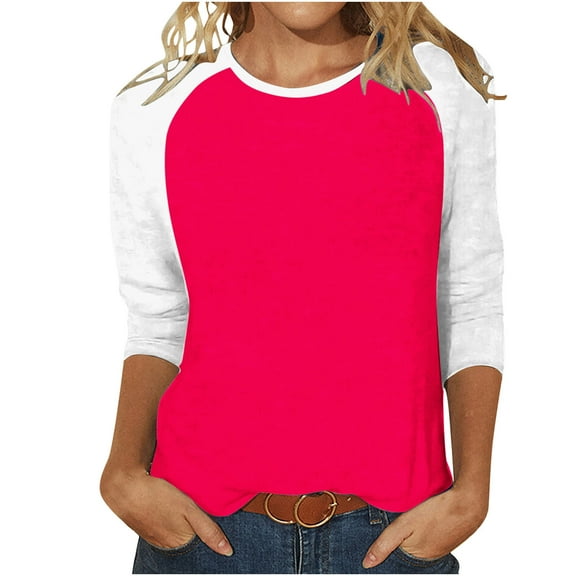 ATOYSOY Women's Casual Shirts Loose Raglan Tops Outwear Solid Color Pullover Fashion Crew Neck Sweatshirts 3/4 Sleeve Tees Fall Winter Pink XL