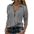 thumbnail image 1 of ATOYSOY Women's Casual Shirts Loose Ribbed Tops Long Sleeve Tees Fall Winter Turn Down Collar Zipper Sweatshirts Outwear Fashion Pullover Side Split Workout Gray L, 1 of 6