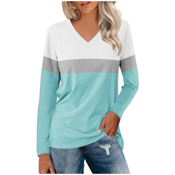 ATOYSOY Women's Casual Shirts Loose Tops Fashion Color Block Pullover Workout Long Sleeve Tees Fall Winter Retro V Neck Sweatshirts Outwear Blue L
