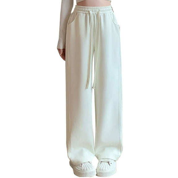 ATOYSOY Women's Casual Sweatpants Juniors Girls Loose Wide Leg Pants Relaxed Sports Full Length Pants Joggers Fashion High Waist Jog Pants Drawstring Solid Color Trousers Beige L