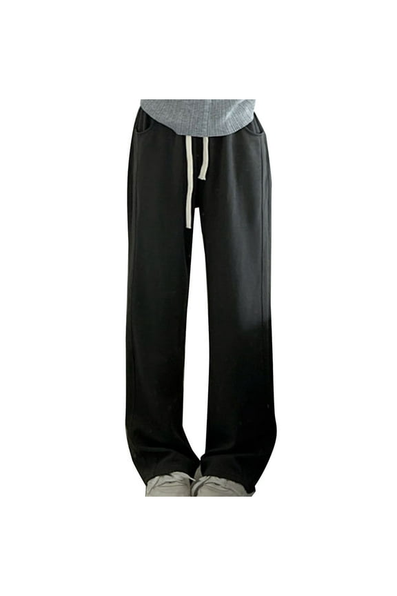 Women's Casual Sweatpants Juniors Girls Loose Wide Leg Pants Relaxed Sports Full Length Pants Joggers Fashion High Waist Jog Pants Drawstring Solid Color Trousers Black L
