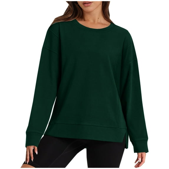 ATOYSOY Women's Casual Sweatshirts Loose Sweaters Crew Neck Blouses Outwear Long Sleeve Tops Fall Winter Solid Color Pullover Side Split Workout Retro Fashion Green M