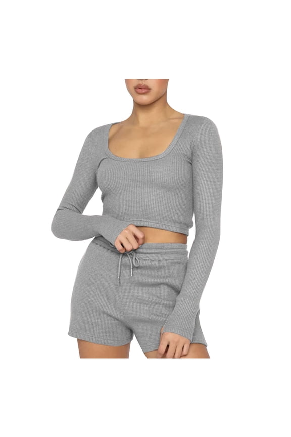 Women's Casual Tracksuits Long Sleeve Sweatsuits Two Piece Cotton Lined Outfits Pajamas Loose Crop Tops Shorts Square Neck Lounge Sets Fall Trendy Gray L