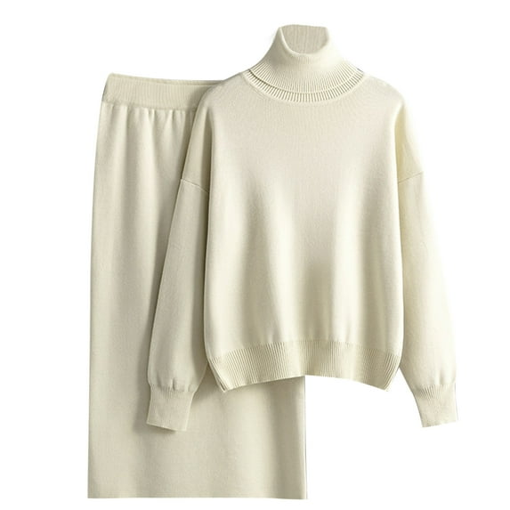 ATOYSOY Women's Casual Tracksuits Sweatsuits Trendy High Neck Lounge Sets Fall Two Piece Lined Elegant Outfits Knitted Sweaters Bodycon Pencil Skirts Beige