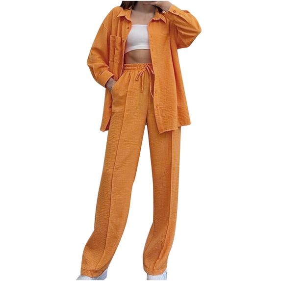 ATOYSOY Women's Casual Tracksuits Two Piece Elegant High Waist Outfits Turn Down Collar Lounge Sets Fall Button Down Cradigans Elastic Waist Pants Sweatsuits Orange S
